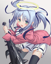  :d absurdres bad_id bad_pixiv_id black_ribbon black_thighhighs blue_hair blush bokusatsu_tenshi_dokuro-chan club_(weapon) commentary_request duplicate excalibolg female gradient_background green_eyes hair_between_eyes halo highres holding holding_weapon jacket kanabou light_blue_hair long_sleeves mimitoke mitsukai_dokuro open_mouth pink_jacket pixel-perfect_duplicate ribbon school_uniform short_hair smile solo spiked_club thighhighs two_side_up weapon zettai_ryouiki 