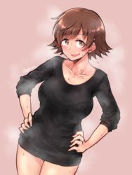  black_sweater blush bralines breasts brown_eyes brown_hair collarbone cowboy_shot female gojarun hands_on_own_hips highres honda_mio idolmaster idolmaster_cinderella_girls large_breasts long_sleeves looking_at_viewer no_pants open_mouth short_hair simple_background sleeves_pushed_up smile solo standing steam steaming_body sweat sweater swept_bangs twitter_username 