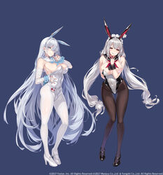  2girls animal_ears azur_lane black_footwear black_leotard black_pantyhose black_sailor_collar blue_background blue_eyes blue_neckerchief breasts cleavage covered_navel don_quijote_(store) emden_(azur_lane) fake_animal_ears flower flower_over_eye full_body grey_hair highleg highleg_leotard highres large_breasts leotard licking_lips long_hair looking_at_viewer maid maid_headdress multiple_girls neckerchief official_art pantyhose playboy_bunny rabbit_ears red_eyes red_neckerchief sailor_collar scylla_(azur_lane) shiokonbu simple_background tongue tongue_out two-tone_leotard very_long_hair white_footwear white_hair white_leotard white_pantyhose white_sailor_collar wrist_cuffs 