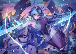  absurdly_long_hair armpits azur_lane black_footwear blue_eyes blue_hair bodystocking breasts center_opening cleavage closed_mouth cloud cloudy_sky coat coat_on_shoulders commentary_request covered_navel dress dual_wielding elbow_gloves energy_sword explosion female gesoking gloves hair_between_eyes hair_intakes headgear high_heels highres holding holding_sword holding_weapon large_breasts long_hair looking_at_viewer new_jersey_(azur_lane) ocean official_art outdoors rigging see-through see-through_cleavage sidelocks sky smile solo standing standing_on_liquid standing_on_one_leg sunset sword torn_bodystocking torn_clothes very_long_hair weapon white_dress white_gloves 