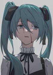  aqua_eyes aqua_hair backlighting black_ribbon blood blood_on_face commentary expressionless female grey_background hair_ribbon hatsune_miku injury long_hair looking_to_the_side open_mouth portrait ribbon shirt simple_background solo suspenders twintails upper_body vocaloid white_shirt wounds404 