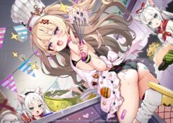  3girls animal_ear_fluff animal_ears apron aqua_eyes ass ayaoshiro azur_lane bache_(azur_lane) bandaid bandaid_on_ass bandaid_on_leg black_bra blonde_hair blush bra cat_ears chef_hat collar commentary_request cooking copyright_name copyright_notice fishnet_thighhighs fishnets hammann_(azur_lane) hat heart heart-shaped_pupils highres holding holding_whisk indoors leg_up long_hair looking_at_another looking_at_viewer micro_shorts multiple_girls official_art open_mouth pink_apron pink_collar purple_eyes shorts sims_(azur_lane) single_thighhigh slippers smile socks symbol-shaped_pupils thighhighs underwear whisk white_hair white_headwear white_socks 