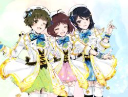  1boy 2girls ^_^ akizuki_ryo antenna_hair arm_around_waist black_hair blue_bow bow brown_hair closed_eyes commentary_request dearly_stars_(idolmaster) dress green_hair hair_ornament hairclip hidaka_ai highres idolmaster idolmaster_cinderella_girls idolmaster_dearly_stars jacket mizutani_eri multicolored_background multiple_girls nekozuka_(duka_nkdk) open_mouth otoko_no_ko outstretched_arm short_hair simple_background white_jacket 