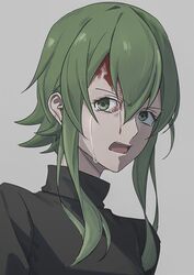  black_shirt blood blood_on_face commentary crying crying_with_eyes_open female frown green_hair grey_background gumi injury looking_to_the_side medium_hair open_mouth portrait shirt sidelighting sideways_glance solo tears upper_body vocaloid wounds404 