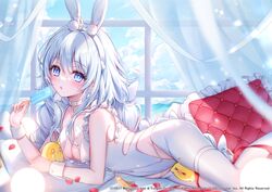  absurdres amaki_ruto animal_ears azur_lane bare_shoulders blue_eyes chestnut_mouth choker clothing_cutout commentary_request curtains fake_animal_ears female food highres holding holding_food holding_ice_cream ice_cream indoors le_malin_(azur_lane) le_malin_(listless_lapin)_(azur_lane) leotard long_hair looking_at_viewer lying manjuu_(azur_lane) official_art on_bed on_side pantyhose parted_lips pillow rabbit_ears solo sparkling_eyes white_choker white_hair white_leotard white_pantyhose 