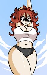  android_21 arms_up clothed dragon_ball glasses large_breasts legs_crossed long_hair looking_down max1mus shirt shorts thick_thighs 