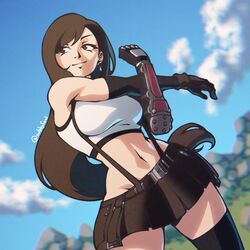  1girls 2024 adventurer background bare_midriff belly biceps black_bottomwear black_gloves black_legwear black_outline black_skirt blue_sky blurred_background brown_hair cel_shading cel_shading_(retro) clouds cowboy_shot cropped_legs dark_brown_hair deltoids depth_of_field dutch_angle ear_ring earrings female female_only fighting_gloves final_fantasy final_fantasy_vii final_fantasy_vii_rebirth final_fantasy_vii_remake fit fit_female flowing_hair front_view fully_clothed gloves hair hi_res hip_lines hips legwear light-skinned_female light_skin long_gloves long_hair love_handles microskirt midriff miniskirt muscular muscular_female navel obliques outdoors pleated_skirt red_eyes red_gloves skirt sky sky_background slender_waist small_torso smirk smug solo solo_female solo_focus square_enix standing stomach stretching subbyfool suspenders tank_top thigh_gap thigh_socks thighs thin_waist tifa_lockhart toned_female toned_stomach vambraces vertical_navel wasp_waist white_tank_top white_topwear wide_hips zettai_ryouiki 