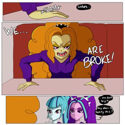  3girls adagio_dazzle aria_blaze blue_hair blue_skin comic english_text equestria_girls female female_only friendship_is_magic green_hair hasbro inuyuru magenta_eyes my_little_pony orange_hair page_1 pink_skin ponytail purple_hair sonata_dusk speech_bubble twintails two_tone_hair yellow_skin 