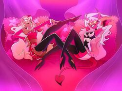  2girls clothed female female_only helluva_boss legs legs_up looking_at_viewer safe seductive sfw succubus succubus_horns succubus_tail succubus_wings touching_self verosika_mayday_(helluva_boss) 