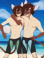  3:4 anthro arno_(peritian) ball beach brother_(lore) brothers_(lore) celio_(peritian) clothed clothing domestic_cat duo felid feline felis hi_res holding_ball holding_object identical_twins looking_at_viewer male mammal navel nipples outside seaside siamese sibling_(lore) smile sport standing swimming_trunks swimwear teeth topless twins_(lore) volleyball_(ball) zedzar 