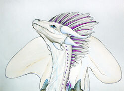  ambiguous_gender armor blue_eyes dragon feathers feral flight_rising fur horn low_res mythological_creature mythological_scalie mythology scalie shoulder_guards simple_background solo spines srnecka teeth traditional_media_(artwork) wildclaw_dragon 