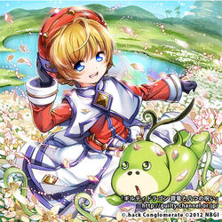  .hack// .hack//tasogare_no_udewa_densetsu 2012 blonde_hair blue_eyes capelet chachie commentary_request copyright_name creature dress female flower gloves grunty guilty_dragon hat hotaru_(.hack//) lake outdoors photoshop_(medium) short_hair smile watermark web_address white_dress 