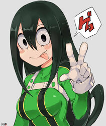  absurdres asui_tsuyu black_eyes black_hair bodysuit boku_no_hero_academia breasts closed_mouth commentary_request covered_collarbone female gloves green_bodysuit grey_background hair_between_eyes hair_rings highres long_hair looking_at_viewer medium_breasts signature simple_background smile solo speech_bubble tongue tongue_out translated tuxedo_de_cat upper_body v white_gloves 