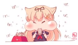  :3 =_= artist_logo artist_name black_gloves black_ribbon black_serafuku blonde_hair blush closed_eyes commentary_request dated female food gloves hair_flaps hair_ornament hair_ribbon hairclip highres kanon_(kurogane_knights) kantai_collection long_hair no_scarf nut_(food) puffy_short_sleeves puffy_sleeves ribbon school_uniform serafuku short_sleeves solo straight_hair yuudachi_(kancolle) yuudachi_kai_ni_(kancolle) 