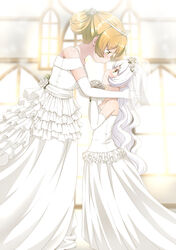  2girls abutomato age_difference bare_shoulders blonde_hair blush breasts bridal_veil brown_eyes collarbone commentary_request dress elbow_gloves eye_contact flower gloves hair_flower hair_ornament height_difference highres large_breasts long_dress long_hair looking_at_another mahou_shoujo_madoka_magica mahou_shoujo_madoka_magica:_hangyaku_no_monogatari momoe_nagisa multiple_girls onee-loli shiny_skin smile tiara tomoe_mami veil very_long_hair wedding_dress white_gloves white_hair wife_and_wife window yellow_eyes yuri 