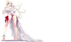  absurdres ahoge akino_sora anklet ass bare_legs barefoot bikini blonde_hair bracelet butt_crack clothing_aside commentary_request curly_hair dress dress_aside fate/grand_order fate_(series) feet female from_behind full_body green_eyes hair_intakes hand_on_own_hip highres jewelry kneepits legs long_hair long_legs looking_at_viewer looking_back nero_claudius_(fate) nero_claudius_(swimsuit_caster)_(fate) nero_claudius_(swimsuit_caster)_(third_ascension)_(fate) ponytail side-tie_bikini_bottom simple_background smug soles solo standing striped_bikini striped_clothes swimsuit white_background white_dress 