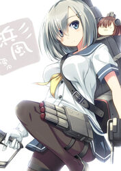  2girls :3 belt blue_eyes blush breasts brown_hair chibi commentary_request dress gloves grey_hair hair_over_one_eye hamakaze_(kancolle) highres kantai_collection large_breasts multiple_girls pantyhose photoshop_(medium) sailor_dress school_uniform serafuku short_hair smile sorano_(12gou) torpedo white_gloves yukikaze_(kancolle) 