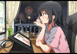  aerial_fireworks black_hair blue_eyes blush bottle chair commentary_request curtains desk drawing_tablet elbows_on_table female fireworks from_side indoors kei_(0497) letterboxed long_hair looking_away monitor night night_sky original parted_lips railing reflection shirt short_sleeves sitting sky solo star_(sky) starry_sky stylus t-shirt tea upper_body window 