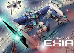  city flying glowing glowing_eyes green_eyes gundam gundam_amazing_exia gundam_build_fighters gundam_f91_imagine marvel mecha no_humans parody robot shield spider-man_(series) sword weapon 