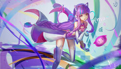  300_heroes animal_ear_headphones animal_ears cat_ear_headphones chinese_commentary commentary_request fake_animal_ears female garter_straps gloves headphones long_hair making-of_available multicolored_hair paw_pose purple_hair solo thighhighs timi_(300_heroes) two-tone_hair wangchuan_de_quanyan 