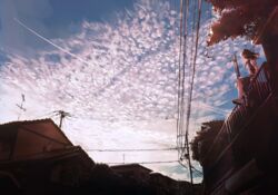  brown_hair cloud commentary_request contrail female house long_hair md5_mismatch na_(sodium) original outdoors plant power_lines railing resolution_mismatch scenery school_uniform serafuku shirt shoes short_sleeves sitting skirt sky sneakers solo source_larger sunset tree vines window 