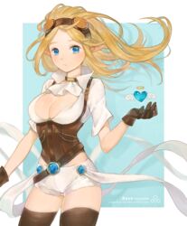  alternate_costume anshu_(o9jucea) arm_at_side ascot belt blonde_hair blue_eyes breasts brown_choker brown_gloves brown_thighhighs choker cleavage commentary_request corset cowboy_shot eyelashes female gem gloves goggles goggles_on_head hand_up heart hextech_janna janna_(league_of_legends) league_of_legends long_hair looking_at_viewer medium_breasts no_bra open_clothes open_shirt parted_bangs parted_lips pointy_ears shirt short_shorts short_sleeves shorts solo standing teeth thighhighs tumblr_username white_ascot white_shirt white_shorts 