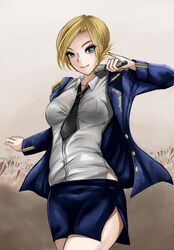  blonde_hair blue_eyes bra commentary female formal jacket microphone natalia_poklonskaya necktie no_legwear nonoririn pencil_skirt real_life short_hair skirt skirt_suit solo suit underwear uniform 