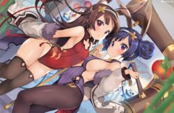  2girls ahoge animal_ears azur_lane backless_leotard backless_outfit bell black_legwear blush breasts brown_hair cleavage_cutout closed_mouth clothing_cutout covered_navel double_bun fake_animal_ears hair_bun hairband jingle_bell kurot large_breasts leotard long_hair looking_at_viewer multiple_girls ning_hai_(azur_lane) ning_hai_(moon_palace_rabbit)_(azur_lane) official_alternate_costume panda pantyhose parted_lips ping_hai_(azur_lane) ping_hai_(osmanthus_moon_rabbit)_(azur_lane) protected_link purple_eyes purple_hair purple_leotard rabbit_ears red_eyes red_leotard sideboob single_hair_bun small_breasts smile thighhighs thighs twitter_username white_hairband 