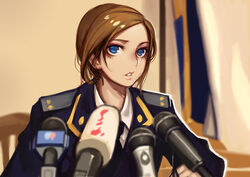  blonde_hair blue_eyes chair epaulettes evan_yang flag highres microphone military military_uniform natalia_poklonskaya parted_lips press_conference real_life short_hair solo uniform 