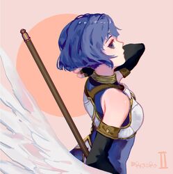  armor blue_eyes blue_hair blush catria_(fire_emblem) commentary elbow_gloves female fingerless_gloves fire_emblem fire_emblem:_mystery_of_the_emblem fire_emblem_echoes:_shadows_of_valentia gloves headband looking_at_viewer pegasus_knight_uniform_(fire_emblem) rheamii short_hair solo thighhighs weapon 