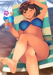  aaru_(tenrake_chaya) adjusting_eyewear beach beach_chair bikini blue_bikini blue_hawaii blush breasts brown_hair commentary_request crossed_legs cup day drinking_glass eyewear_on_head feet female kaga_(kancolle) kantai_collection large_breasts looking_at_viewer one_eye_closed open_mouth side-tie_bikini_bottom side_ponytail soles solo sunglasses swimsuit tan tropical_drink underbust wet 