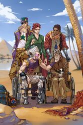  5boys aged_up alderion-al alternate_universe amputee beard black_hair brown_hair canine chains choker commentary_request crusaders_group_photo_(jojo) dark-skinned_male dark_skin day desert diamond_wa_kudakenai double_amputee earrings egypt egyptian eyepatch facial_hair glasses good_end great_pyramid_of_giza green_shirt grey_hair hands_in_pockets hat hierophant_green highres iggy_(jojo) jean_pierre_polnareff jewelry jojo_no_kimyou_na_bouken joseph_joestar joseph_joestar_(old) kakyoin_noriaki kujo_jotaro long_coat long_hair male_focus mohammed_avdol moustache multiple_boys necklace old old_man one-eyed outdoors ponytail prosthesis prosthetic_arm prosthetic_leg pyramid_(structure) scar scar_across_eye scar_on_face shirt smile stardust_crusaders stone_ocean vento_aureo wheelchair 