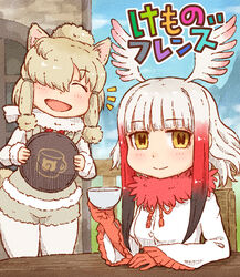  2girls :d ^_^ alpaca_ears alpaca_suri_(kemono_friends) animal_ears bad_id bad_pixiv_id black_hair blonde_hair blunt_bangs closed_eyes closed_mouth coffee_mug commentary_request copyright_name cowboy_shot cup day feather_trim fur_collar fur_trim gloves hair_over_one_eye head_wings holding holding_cup holding_tray japanese_crested_ibis_(kemono_friends) japari_symbol kemono_friends long_hair long_sleeves looking_at_viewer mug multicolored_hair multiple_girls open_mouth outdoors pantyhose pantyhose_under_shorts photoshop_(medium) red_hair shirt short_hair shorts sitting smile standing table takagi_hideaki translated tray upper_body white_hair white_shirt wings yellow_eyes 