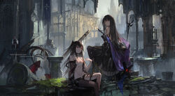  2girls anastasia_(pixiv_fantasia) arm_support artist_name asymmetrical_legwear asymmetrical_sleeves black_dress black_hair black_legwear black_shorts breasts brown_eyes chinese_commentary choker cleavage collarbone commentary_request copyright_name day detached_sleeves dress gauntlets hair_between_eyes highres long_hair looking_back medium_breasts midriff multiple_girls navel open_clothes open_shorts outdoors paradise_(swd3e2) parted_lips partial_commentary photoshop_(medium) pixiv_fantasia pixiv_fantasia_revenge_of_the_darkness qi_luo_(7lo) red_eyes red_hair ruins short_shorts shorts sitting stomach swd3e2 sword uneven_legwear uneven_sleeves very_long_hair weapon 