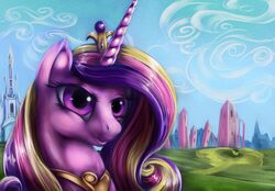  2014 bust_portrait castle city cloud crown crystal_empire equid equine female feral friendship_is_magic fur hair hasbro headgear horn jewelry landscape mammal multicolored_hair my_little_pony mythological_creature mythological_equine mythology necklace outside pink_body pink_fur portrait princess_cadance_(mlp) purple_eyes sky smile solo tower unicorn viwrastupr 