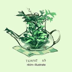  artist_name commentary_request english_text glass glass_teapot green_background green_theme lowres nadia_kim no_humans overflowing see-through tea tea_leaves tea_plant teapot transparent 