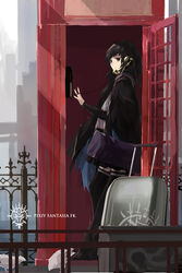  bad_id bad_pixiv_id bird black_eyes black_hair black_thighhighs cape female highres paradise_(swd3e2) payphone phone phone_booth pixiv_fantasia pixiv_fantasia_fallen_kings short_hair solo suitcase swd3e2 thighhighs 