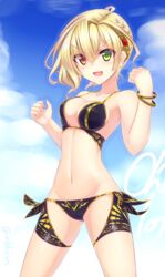  absurdres bad_id bad_nicoseiga_id bare_shoulders bikini black_bikini blonde_hair blush bracelet braid breasts charlotte_(shironeko_project) collarbone cowboy_shot female green_eyes hair_ornament heterochromia highres jewelry looking_at_viewer medium_breasts murasame_shia navel oerba_yun_fang red_eyes shironeko_project short_hair smile solo standing swimsuit twitter_username 