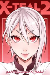  artist_name female looking_at_viewer nakiri_alice parted_lips portrait red_eyes shokugeki_no_souma silver_hair smile solo watermark web_address x-t3al 