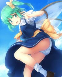  ass bad_id bad_pixiv_id bare_legs blush bow daiyousei dress fairy_wings female green_eyes green_hair hairbow komimiyako panties pantyshot parted_lips short_hair side_ponytail socks solo touhou underwear white_panties white_socks wings 