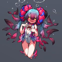  absurdres anomalocaris ass_visible_through_thighs bad_id bad_twitter_id bare_legs blue_hair blush chest_mouth extra_mouth female full_body gradient_hair hair_between_eyes half-closed_eyes highleg highleg_leotard highres horns kaki_gohri leotard long_hair looking_at_viewer monster_girl multicolored_hair original personification pink_hair saliva simple_background smile solo thigh_gap unzipped white_leotard yellow_eyes 