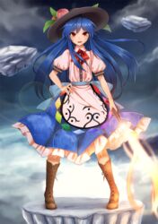  akehi_yuki blue_hair blue_skirt boots commentary_request female food fruit hand_on_own_hip hat hinanawi_tenshi keystone long_hair peach puffy_short_sleeves puffy_sleeves red_eyes shirt short_sleeves skirt smirk sword_of_hisou touhou white_shirt 