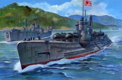  amphibious_assault_ship anchor antennae anti-aircraft_gun box_art cannon cliff commentary day flag forest i-58_(submarine) imperial_japanese_navy kaiten_(weapon) koizumi_kazuaki_production military military_vehicle nature no._101-class_landing_ship no_humans ocean outdoors pole rising_sun_flag ship splashing submarine sunburst tree water watercraft world_war_ii 