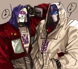  1980s_(style) 2boys autobot bad_id bad_pixiv_id blue_eyes clothed_robot decepticon dress glowing glowing_eyes headgear insignia long_hoodie machine machinery mecha megatron multiple_boys no_humans oden_(dofuko) optimus_prime red_eyes retro_artstyle robot transformers 