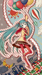  absurdres aircraft arm_up balloon blush bow bowtie brown_footwear brown_skirt building buttons cloud commentary_request covering_own_mouth crescent_moon daisan_oujo female from_behind from_side full_body green_eyes green_hair hair_between_eyes hatsune_miku highres holding hood hoodie hot_air_balloon loafers long_hair looking_back moon outline pleated_skirt power_lines red_bow red_bowtie red_legwear shoes skirt sleeves_past_wrists solo star_(symbol) stitches sun twintails very_long_hair vocaloid 