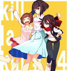  3girls akibotann black_hair blue_eyes blue_skirt brown_hair commentary_request jacket kill_la_kill kiryuuin_satsuki long_hair mankanshoku_mako matoi_ryuuko multiple_girls scarf shirt short_hair skirt smile spoilers 