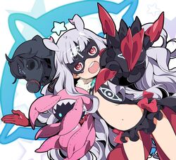  1boy antenna_hair bare_shoulders black_hair blunt_bangs commentary_request dva female fur_trim galaktika gas_mask gauntlets gloves grey_hair hoshimiya_kate jimon_asuta long_hair long_sleeves lowleg lowleg_skirt mask midriff navel nyuusankin open_mouth red_eyes salute sekai_seifuku:_bouryaku_no_zvezda skirt star_(symbol) stuffed_animal stuffed_toy teeth venera-sama very_long_hair 