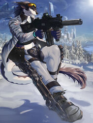  canid canine canis city clothed clothing dragon exoskeleton exosuit eyewear fur goggles gun hair heckler_and_koch hi_res hybrid jacket kzlion mammal military mythological_creature mythological_scalie mythology ranged_weapon scalie scar science_fiction silencer ski_goggles snow soldier submachine_gun tail topwear ump-45 warrior weapon wolf 