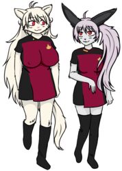  absurd_res albino anthro boots clothing duo ensign female footwear gulonine hair hi_res lagomorph leporid mammal marten mustelid musteline pine_marten ponytail purple_hair rabbit red_eyes side_ponytail sleepymomo star_trek uniform walking white_hair 