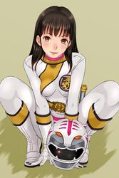  belt black_hair blush bodysuit boots breasts eyebrows feet female full_body helmet highres legs long_hair looking_at_viewer orange_eyes parted_lips sakuradou shiny shiny_hair simple_background sitting small_breasts smile solo squatting super_sentai thighs white_boots 